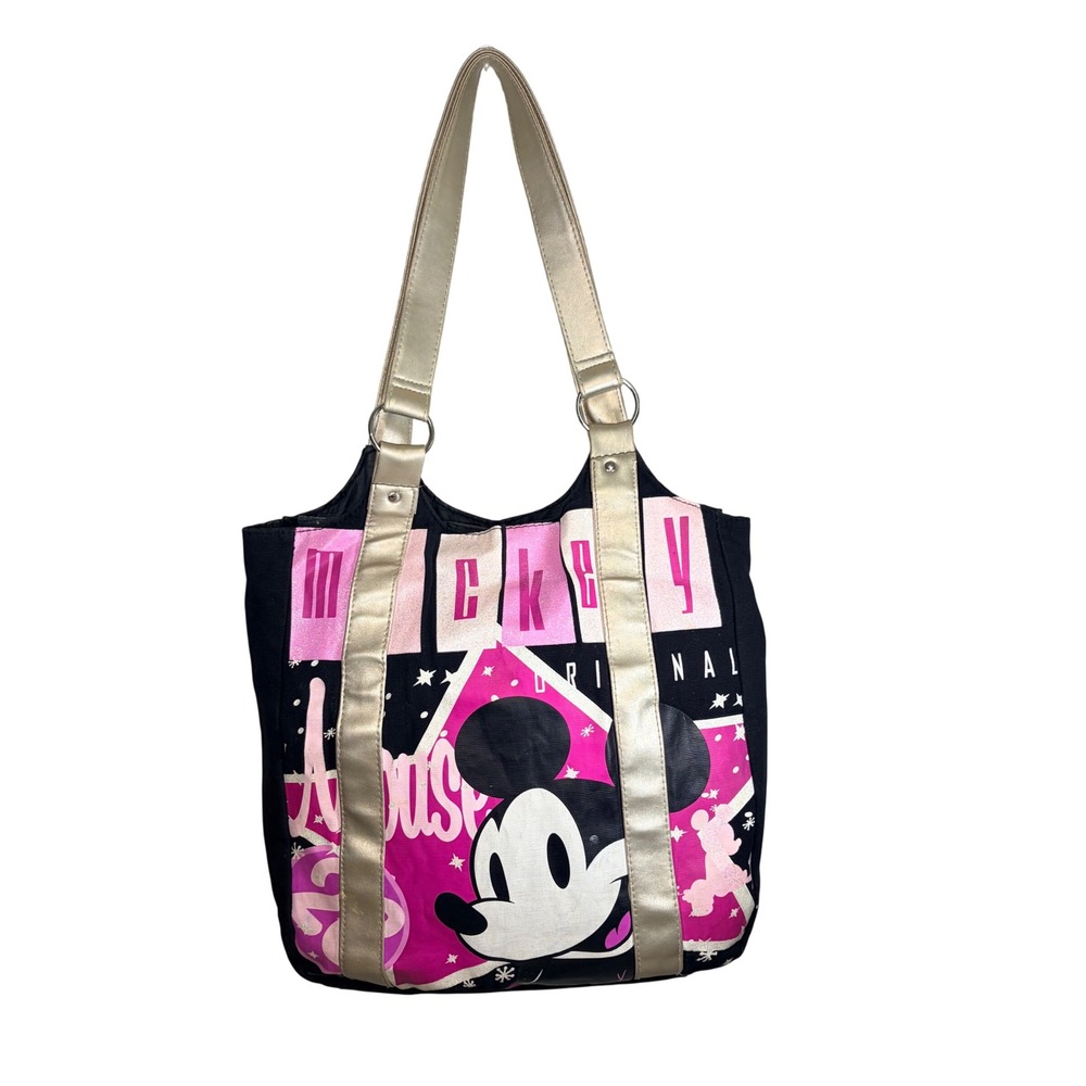 Disney Mickey Mouse‎ Y2K Pink Black Silver Canvas Tote Bag Vintage Style